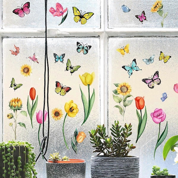 Dobbeltsidige vindusklistremerker blomster klamrer seg til natur vår sommer blomst sommerfugl fargerike vindusdekaler for glass fugler antikollisjonsdør klistremerker