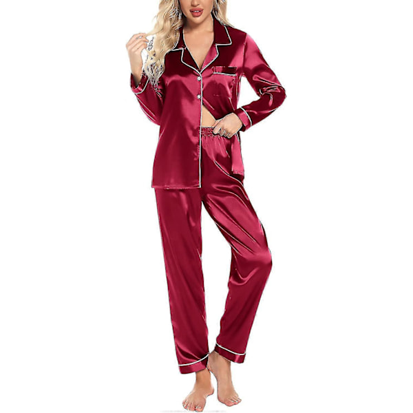 Siden Satin Pyjamas Set Dam Långärmad Sovkläder Mjukt Pyjamasset Tvådelat Knäppning Pyjamasset Med Fickor S-xxl