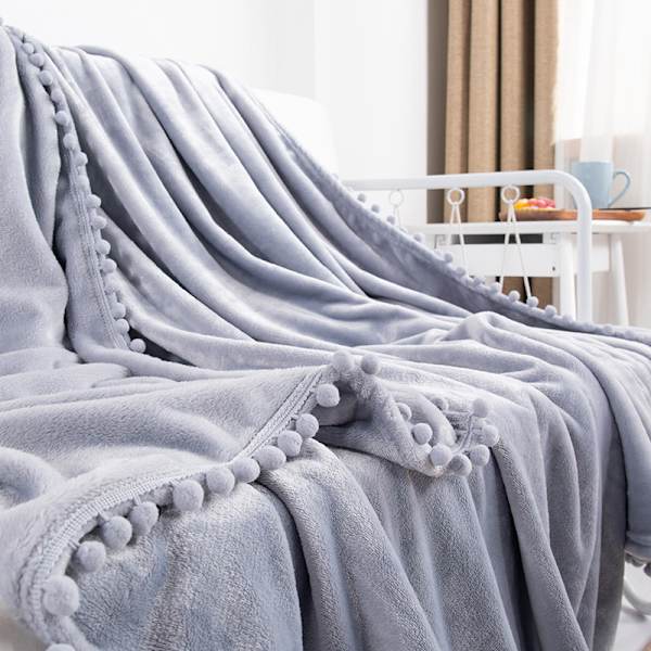 Flannel Tæppe med Pompom Nap Tæppe Hyggelig Seng Tæppe Sof