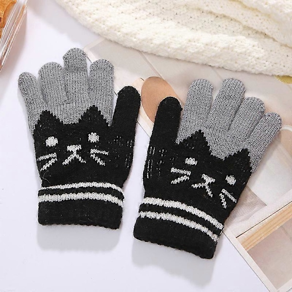 Vinter Barnhandskar Söta Fuskullsvantar Tjock Plysch Pojke Flicka Handskar 5-Finger Sött Kattmönster Varma Handskar Anti-Förlorade Vantar, Svart, 15*9cm