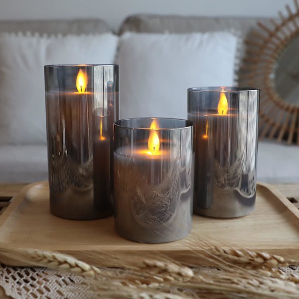 3 Flammeløse Lys 10-15cm Elektriske Lys Grå Glas Søjler