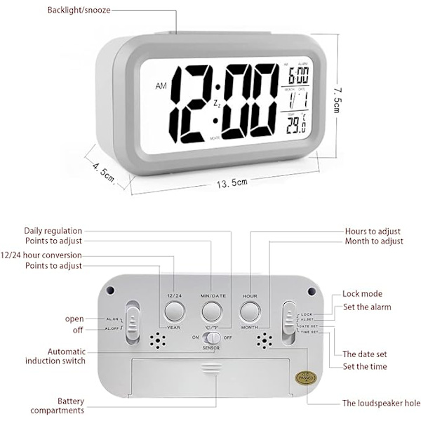 #(Batteri)Digital väckarklocka LED-väckarklocka med temperatur Snooze-funktion 12/24H-omvandling Kalender för sovrum Kontor Kök#