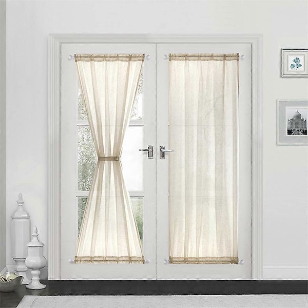 Beige franske dørgardiner imiteret hør tynde voile gardiner sollysfiltrerende privatliv sidegardiner til skydedøre inkluderer bindebånd, 2 stk.
