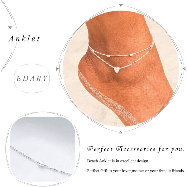 Boho-ranneket, kaksinkertaiset hopeiset sydänhelmet, nilkkaketju, ranta