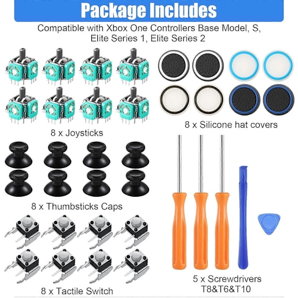 37 stk. Analog Joysticks Reparasjonssett Kompatibelt med Xbox One-kontrollere, Inkluderer Bumper-knapper Erstatning Thumbstick Hatt Silikon Hatt Deksel med Sc
