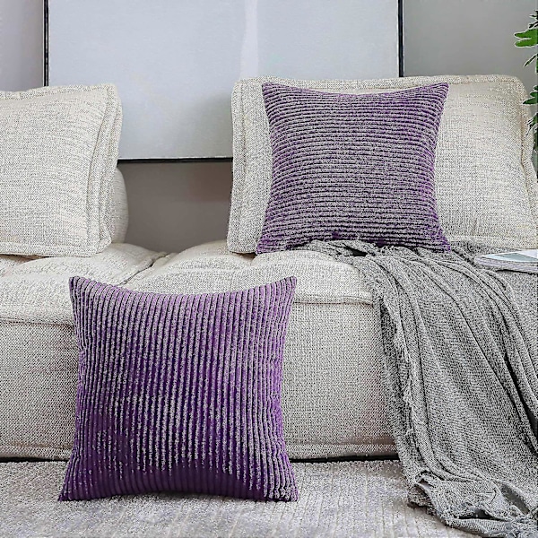 Sett med 2 dekorative putetrekk, ensfarget stripet kordfløyel plysj fløyel putetrekk for sofa seng, lilla, 50x50 cm (20x20 tommer)