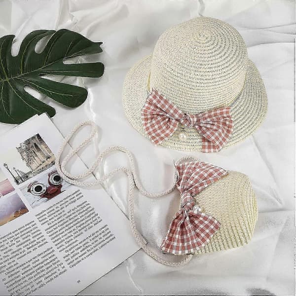Pigesommerhat og mini-taskesæt i strå med sløjfe, sommer strandhat