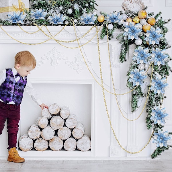 #(Lyseblå, 12 stykker) 5,7 tommer kunstige juleglitterblomster Juletreblomstdekorasjon#