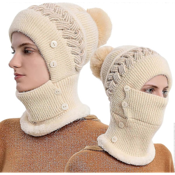 Dame Vinter Varm Strikket Hue Halsvarmer Sæt, Dobbelt Lag Fleeceforet Beanie Hue, Beige
