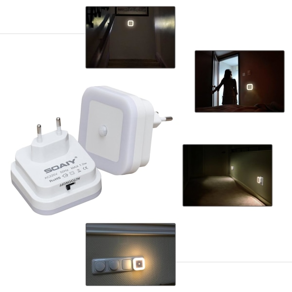 2 stk. Natlampe 0,5W Automatisk LED Lampe med Fysisk PIR Bevægelsessensor