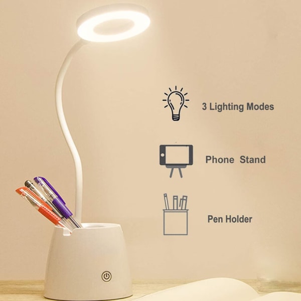 Skrivebordslampe, Dimbar Barnelampe med 3 Lysmoduser, Oppladbar