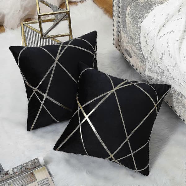 Sammet Svart Kuddfodral Set Om 2 Guld Geometrisk Utomhus Soffdekor - jjS