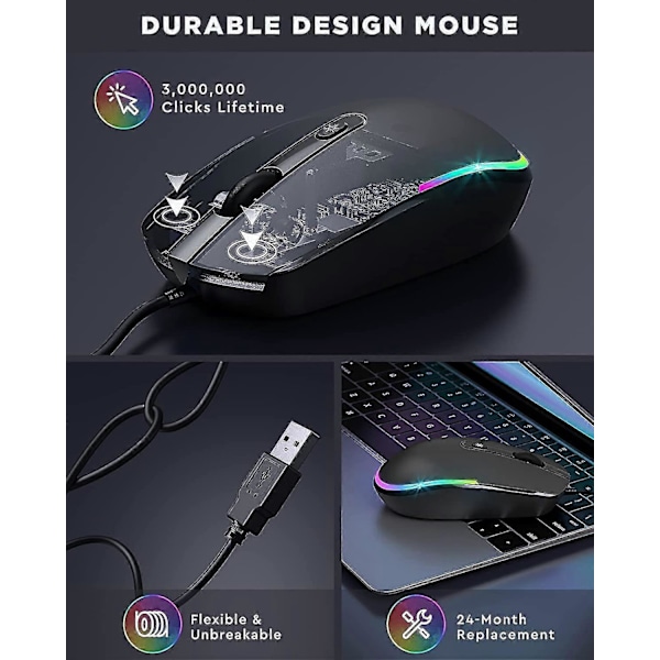 Langallinen hiiri, Led RGB -taustavalaistu hiiri 1,5 metrin USB-kaapelilla, 1600 DPI hiljainen ergonominen kannettava