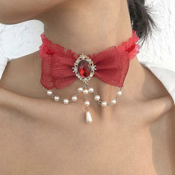 Elegant Spets Rosett-Halsband för Kvinnor och Flickor Röd Spets