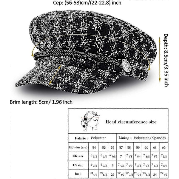 Dame Kort Skygge Visir Beret Retro Britisk Stil Elegant Vinter Flade Hatte ('6 7/8-7 1/8') Sort