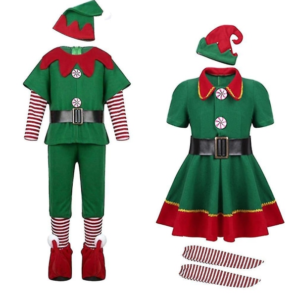 Jul Tomte Kostym Grön Älv Cosplay Familj Karneval Party Nyår Maskerad Kläder Set För Män Kvinnor Flickor Pojkar Höjd 80CMPojkar