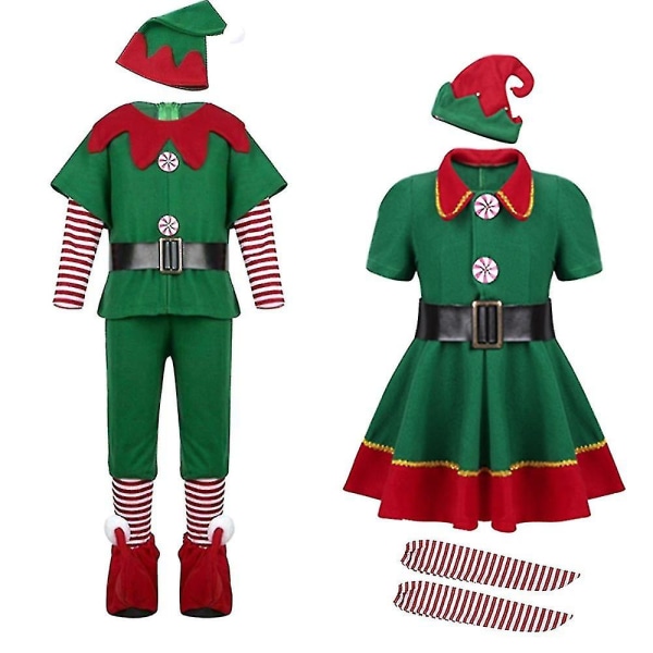 Jultomtekostym Grön tomte Cosplay Familj Karnevalsfest Nyår Fancy Dress Kläder Set för män Kvinnor Flickor Pojkar Höjd 170CMFlickor