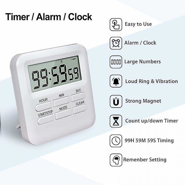 Digital Timer med Klokke/Vekkerklokke Funksjon 3 I 1, Magnetisk Kjøkkentimer, Nedtelling Stoppeklokke Timer, Tidsstyring For Kjøkken/Studie/Sport