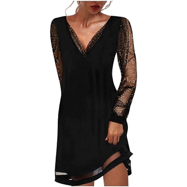 Dame Mesh Langærmet Pullover Tunika Kjole Sequined Tyl Kjole