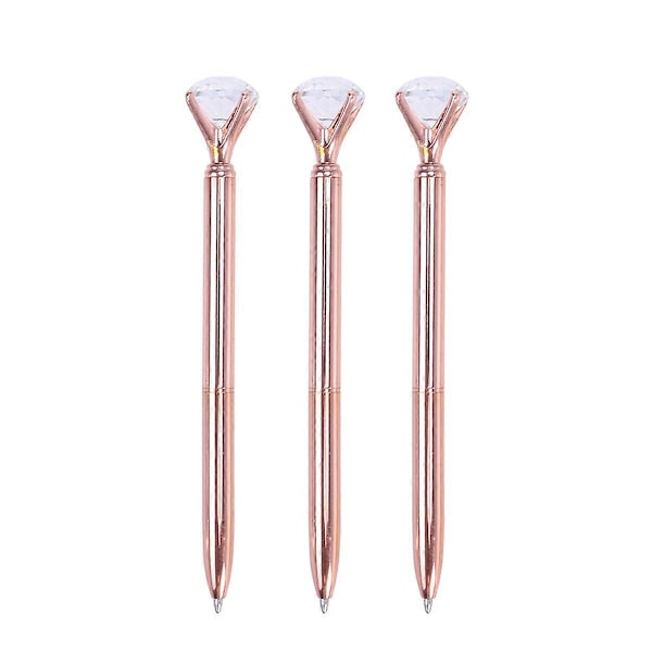 3 stk. penn med stor diamantkrystall, metall kulepenn, skolekontorrekvisita (Rose Gold)