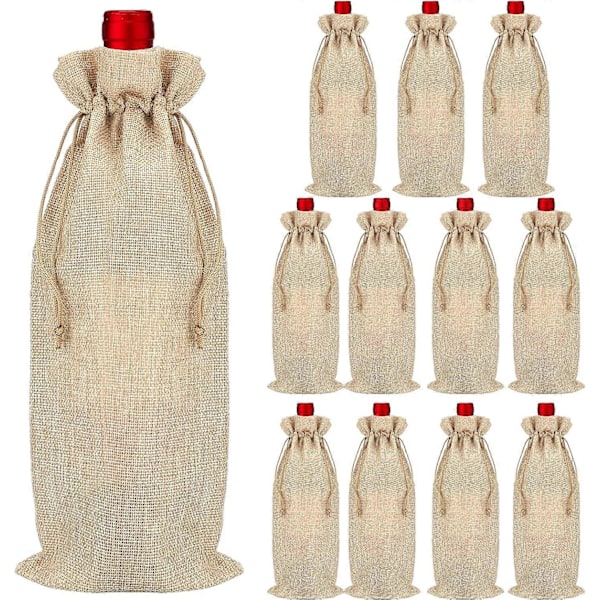 12 stk. Jute Vinpose med Snøring - 15X 35cm, Gjenbrukbar for Vinflaskedekorasjon