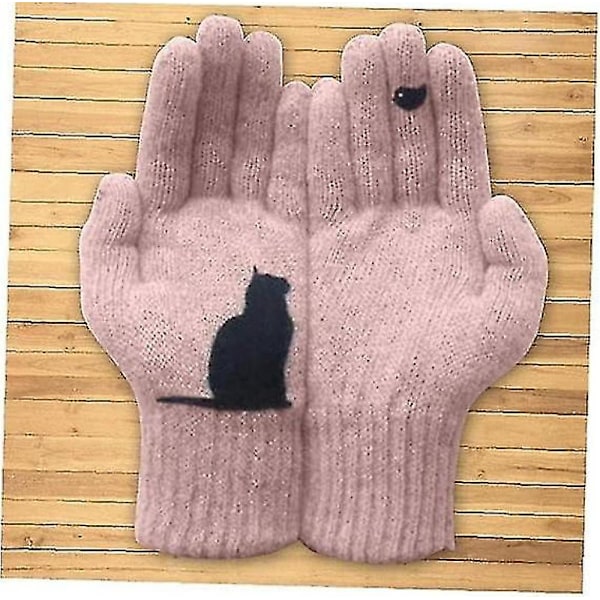 Fuld Finger Handsker Tegneserie Kat Print Vinter Varme Kolde Cashmere Handsker Tyk Uld Strikkede Dame Handsker