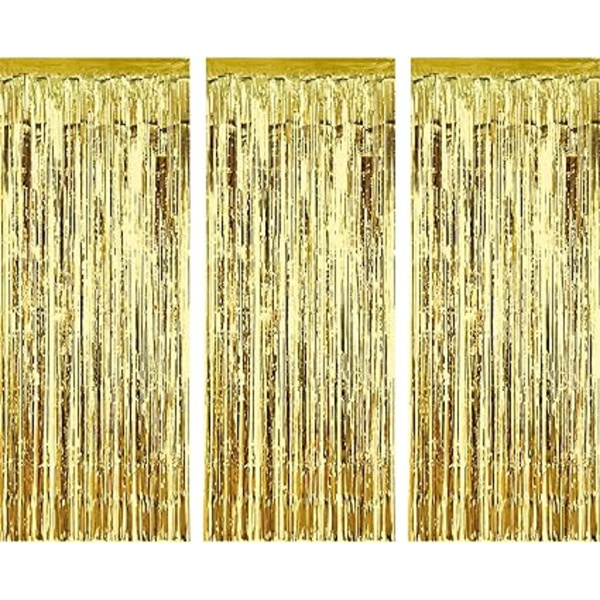 3-delt sæt af metalfolie dørgardiner (guld), folie kant blinkende