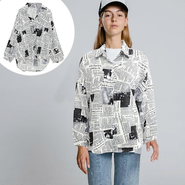 Modeblus för damer med tidningstryck, enkelknäppt, långärmad med krage för sommar och vår (Svart, Storlek XL)