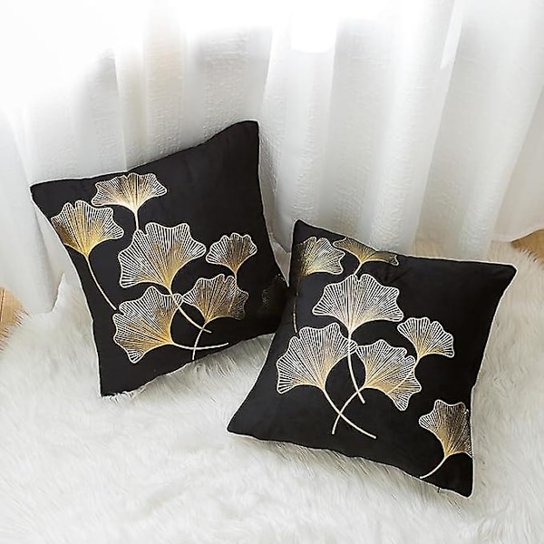 Kuddfodral 45x45cm Flanell Varmstämplad Svart Mjuk Fyrkantig Guld Ginkgoblad Tryckt Kuddfodral för Vardagsrum Sovrum Soffa, Set om 2