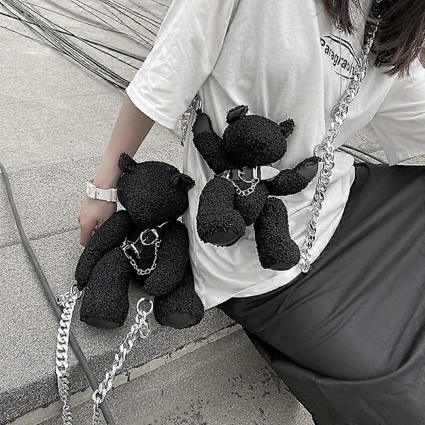 Crossbody-laukku ketjulla, täytetty eläinlaukku, nallekarhu-laukku, goottilainen laukku