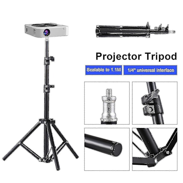 Universelt projektorstativ, uttrekkbar projektorfeste, bærbar holder i aluminiumslegering, 1/4'' grensesnitt, justerbar høyde
