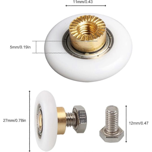 27 mm brusekabinerulle, brusekabinerulle hjul skydedørsrulle udskiftningshjul 4 stk. (27 MM)
