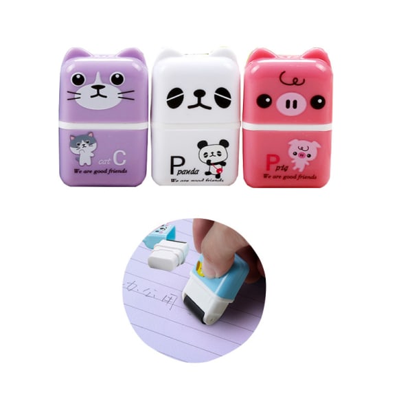 Set of 6 Cute Pencil Erasers, Cartoon Erasers with Cover and Roll