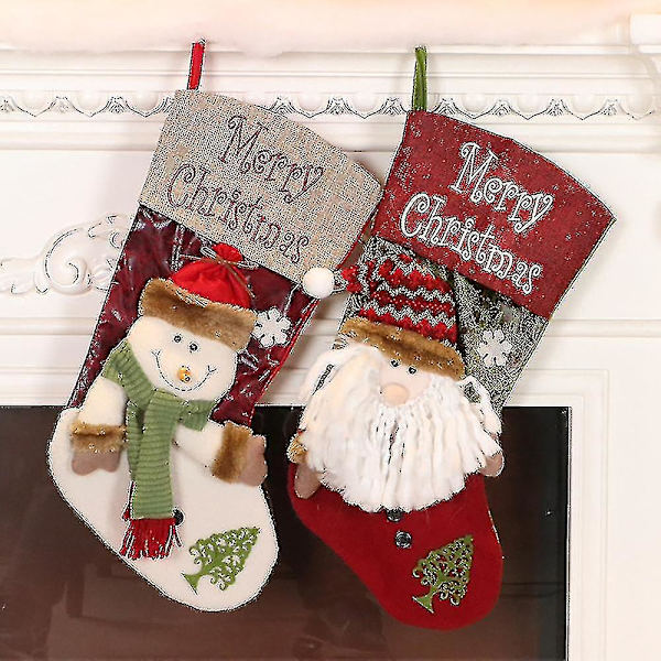 Sött Julstrumpset, 2-pack Jultomte Jul 3d Plysch Linne Hängande Etiketter Stickade Nyår Julstrumpor Julklappar