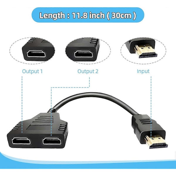 HDMI 1 Han til Dobbelt HDMI 2 Hun, HDMI Splitter Kabel Adapter Konverter til DVD-afspillere/HDTV/LCD-skærm og Projektorer