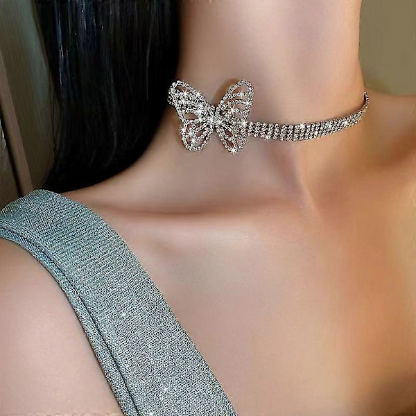 Rhinestone Sommerfugl Choker Halskæde Sølv Krystal Chokers Række Halskæder Glitrende Tennis Kæde Prom Fest Hals Smykker til Kvinder og Piger
