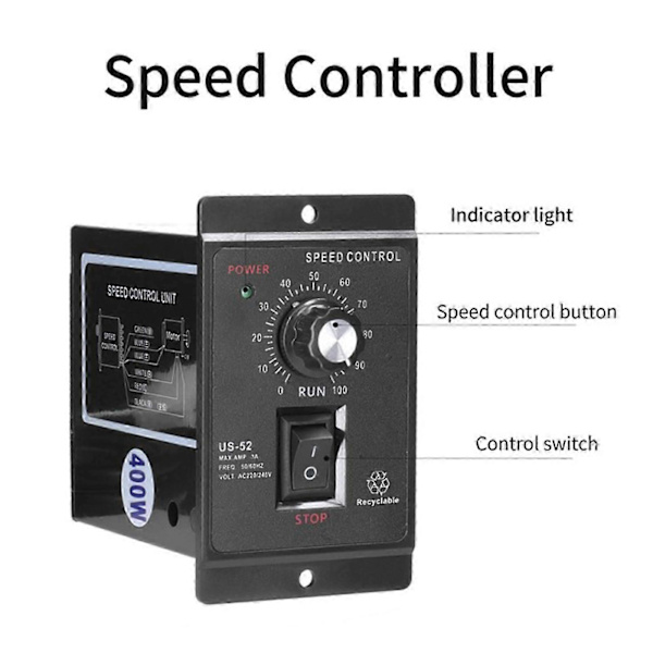 US-52 Enkeltfaset AC Mikromotor Hastighedsregulator 400W AC220V 50/60Hz Sort