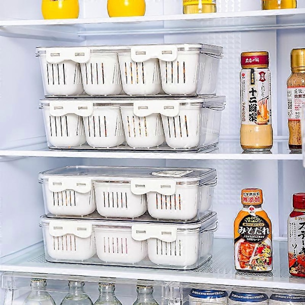 Opbevaringsboks med ruminddeling, plastik, transparent, nordisk køkken krydderiboks, multifunktionel køleskabsdrænings- og friskholdelsesboks
