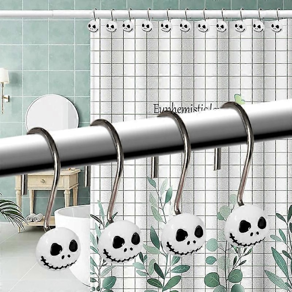 Moderne design gardinkroge til brusebadet, bruseforhængskroge i sæt med 12, hvidt/sølvfarvet metal og plastik