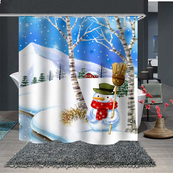 #Julebrusbadforhæng med kroge - Snemand - 180X180CM, Vandafvisende#