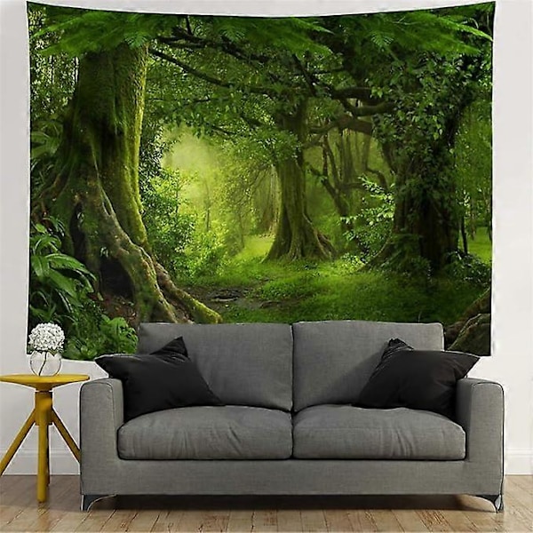Jungfrulig skog Gobeläng Grönt träd i dimmig skog Gobeläng Väggbonad Naturlandskap Väggbonad Dekor för Vardagsrum Sovrum B150 cm