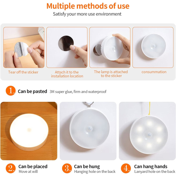 *3 LED Natlampe USB Genopladelig LED Bevægelsessensor Lampe Automat*
