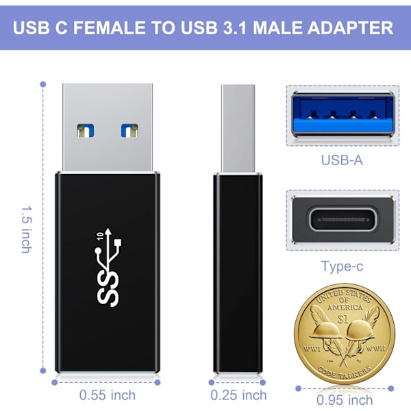 USB-C Hona till USB 3.0 Hane Adapter 2-pack, Typ-A 3.1 5 Gbps GEN