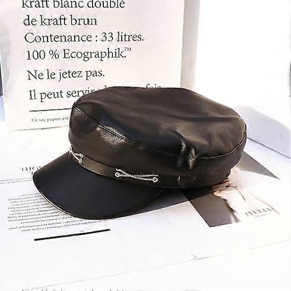 PU Læder Dame Newsboy Kasketter, Beret Hat med Skygge til Moderigtige Damer Piger, Litterær Cool Malerkasket Sort