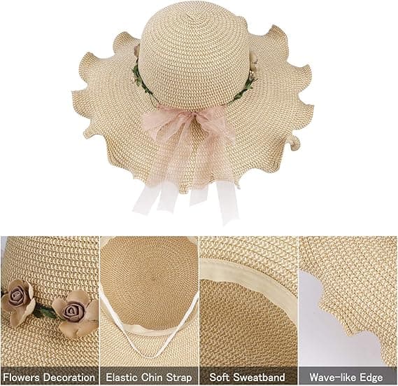 （57cm）Dame Straw Hat Bred Brim Solhat UV Beskyttelse Sommer Fol