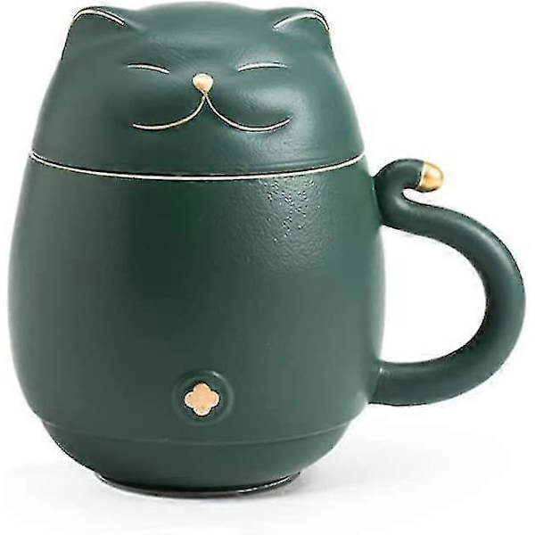 Söt Katt Tekopp Med Filter Lyckokatt Kaffemugg Med Lock Keramisk Mugg För Kattälskare 300 ml (mörkgrön)
