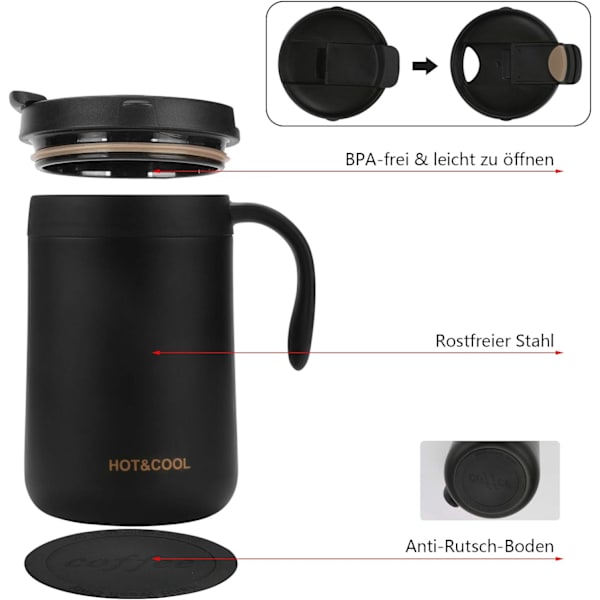 500ML Isolerad Kaffekopp, Rostfritt Stål Läcksäker Isolerad