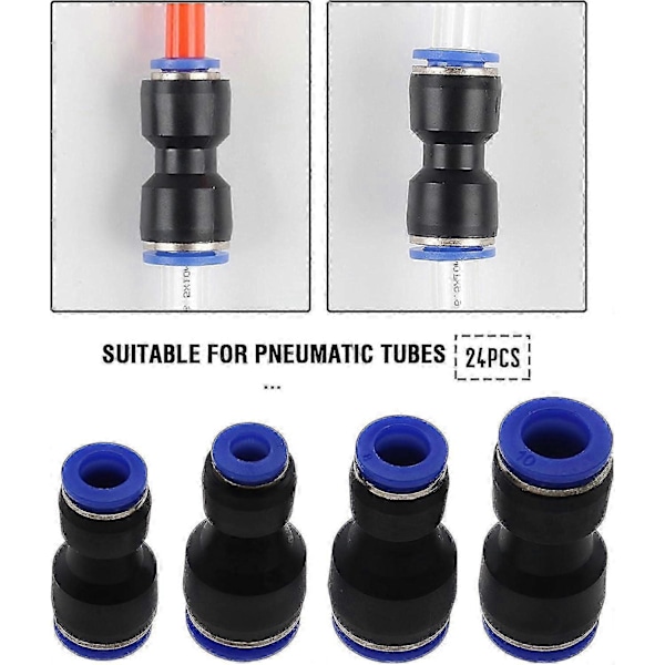 24x Pneumatiska Push-to-Connect-kopplingar i plast, rak rörkoppling, reduceringsadapter, snabbkoppling, passar luft- och vattenledningar