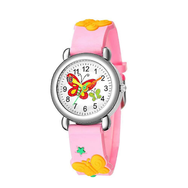 Børneur, sødt sommerfuglemønster quartz ur, pink