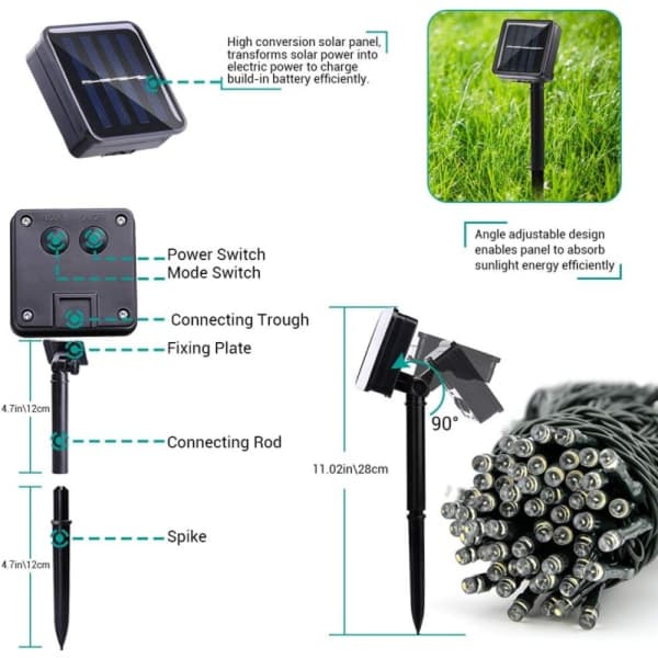 #12m 100LED Solcelled Julelys Varmt Hvidt#